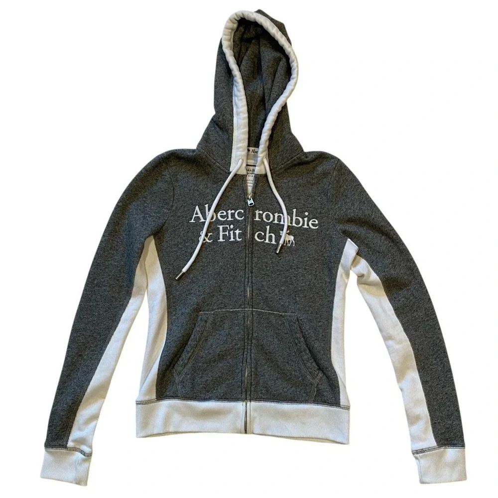 Abercrombie & Fitch Women's Small Grey & White Full Zip Hooded Jacket Logo